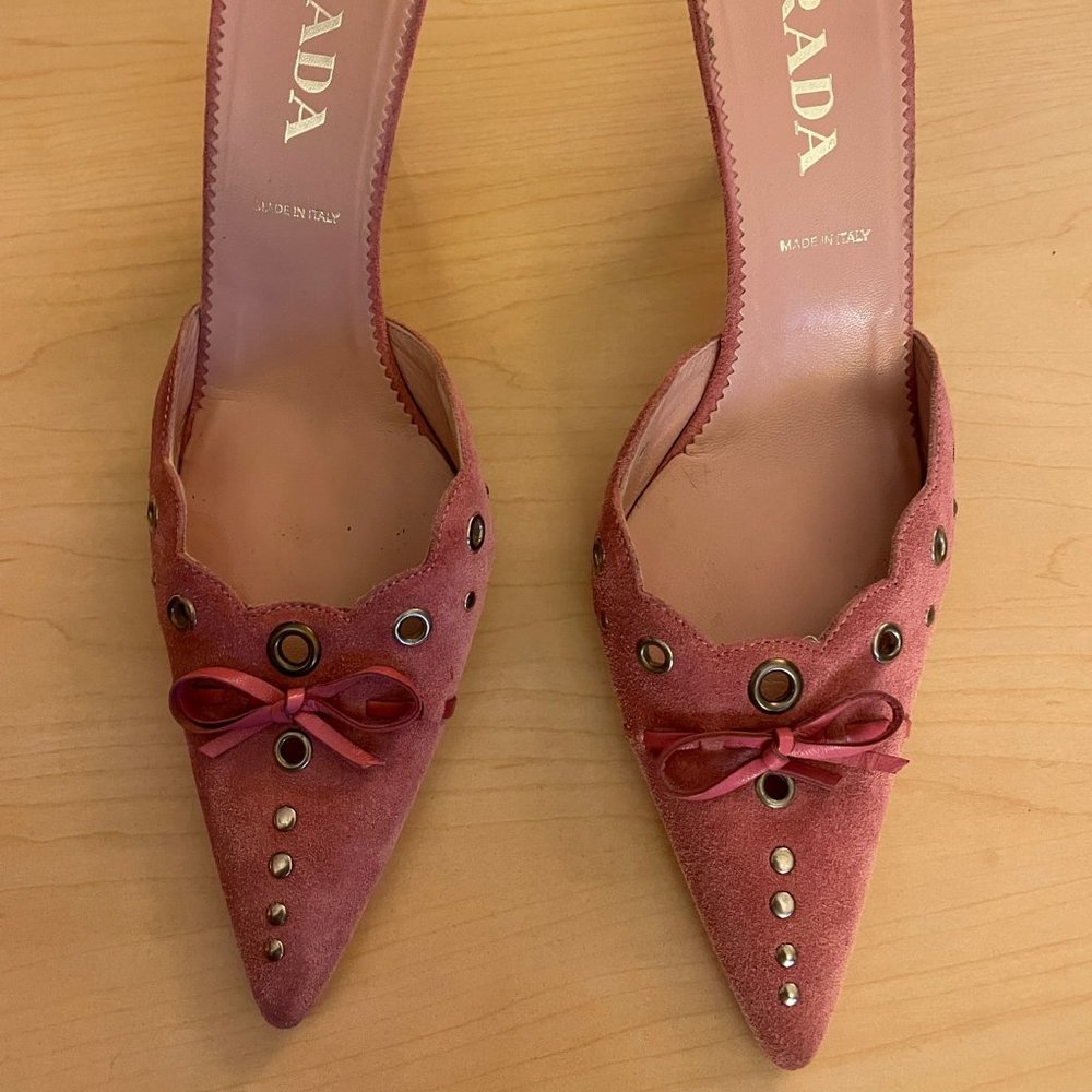 PRADA Vintage Kitten Heels, Pink Suede with Silver Grommet Hardware, Size 39.5